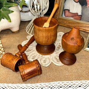 Vtg MINI 5pc Wooden spice holder scoop salt & pepper shaker and toothpick holder